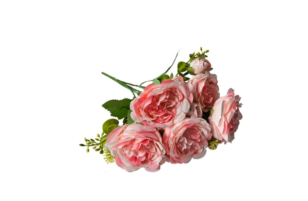 Soft pink artificial rose bunch, 31cm, with realistic flowers and vibrant greenery.