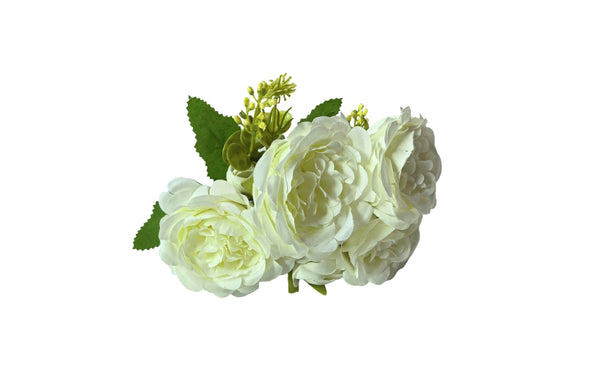  Elegant white artificial rose bunch, 31cm, featuring lifelike petals and green foliage.