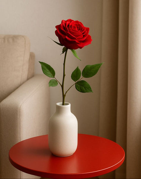 White vase with a red rose on a red table against a beige wall.