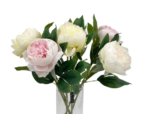  Artificial single stem peonies, 66cm tall, in assorted pink, white, and cream colors with realistic petals and green foliage.