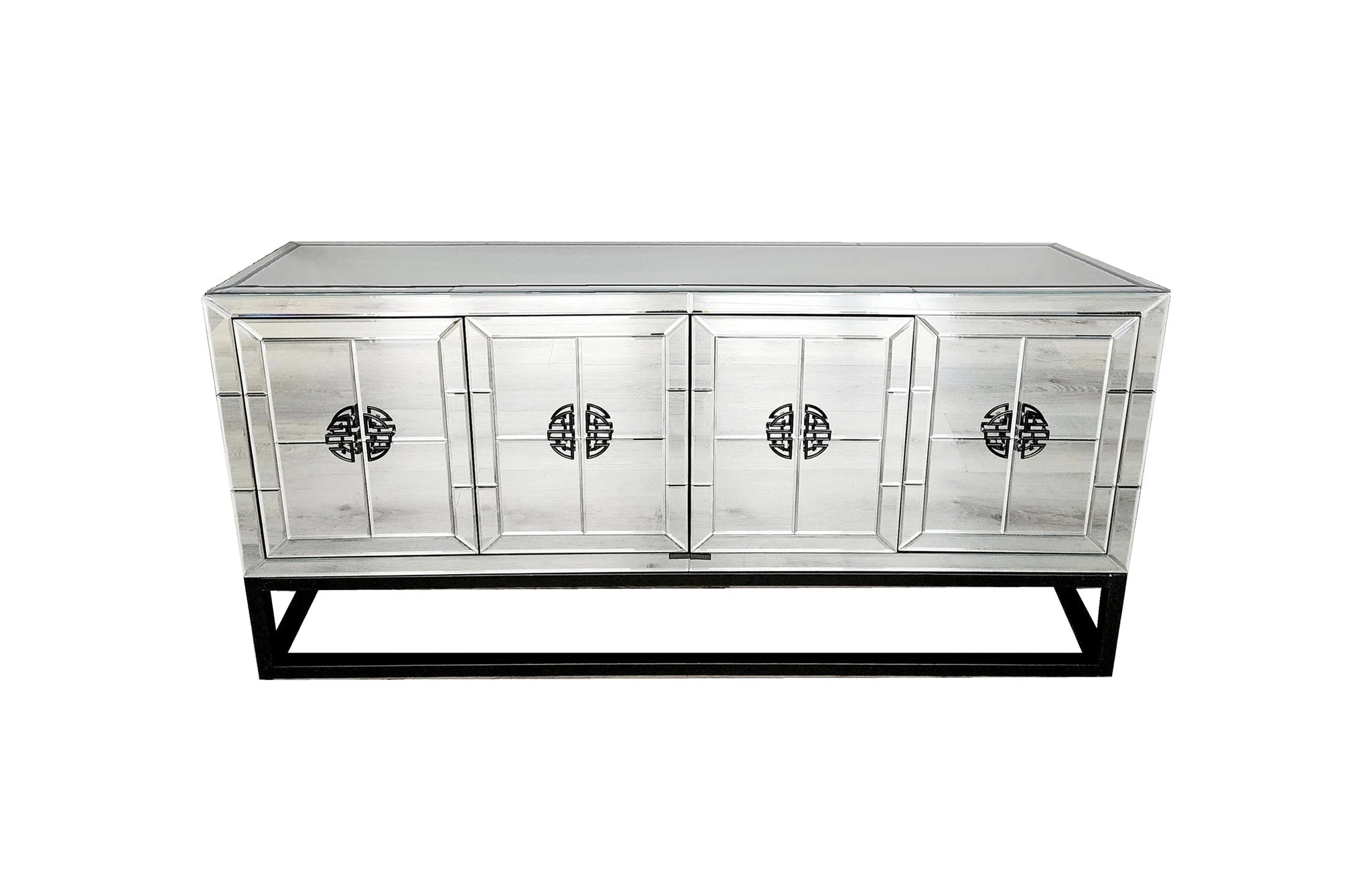 Elegant Athens mirrored buffet table with black base and intricate geometric detailing design.