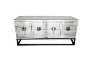 Elegant Athens mirrored buffet table with black base and intricate geometric detailing design.