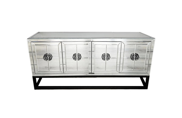 Elegant Athens mirrored buffet table with black base and intricate geometric detailing design.