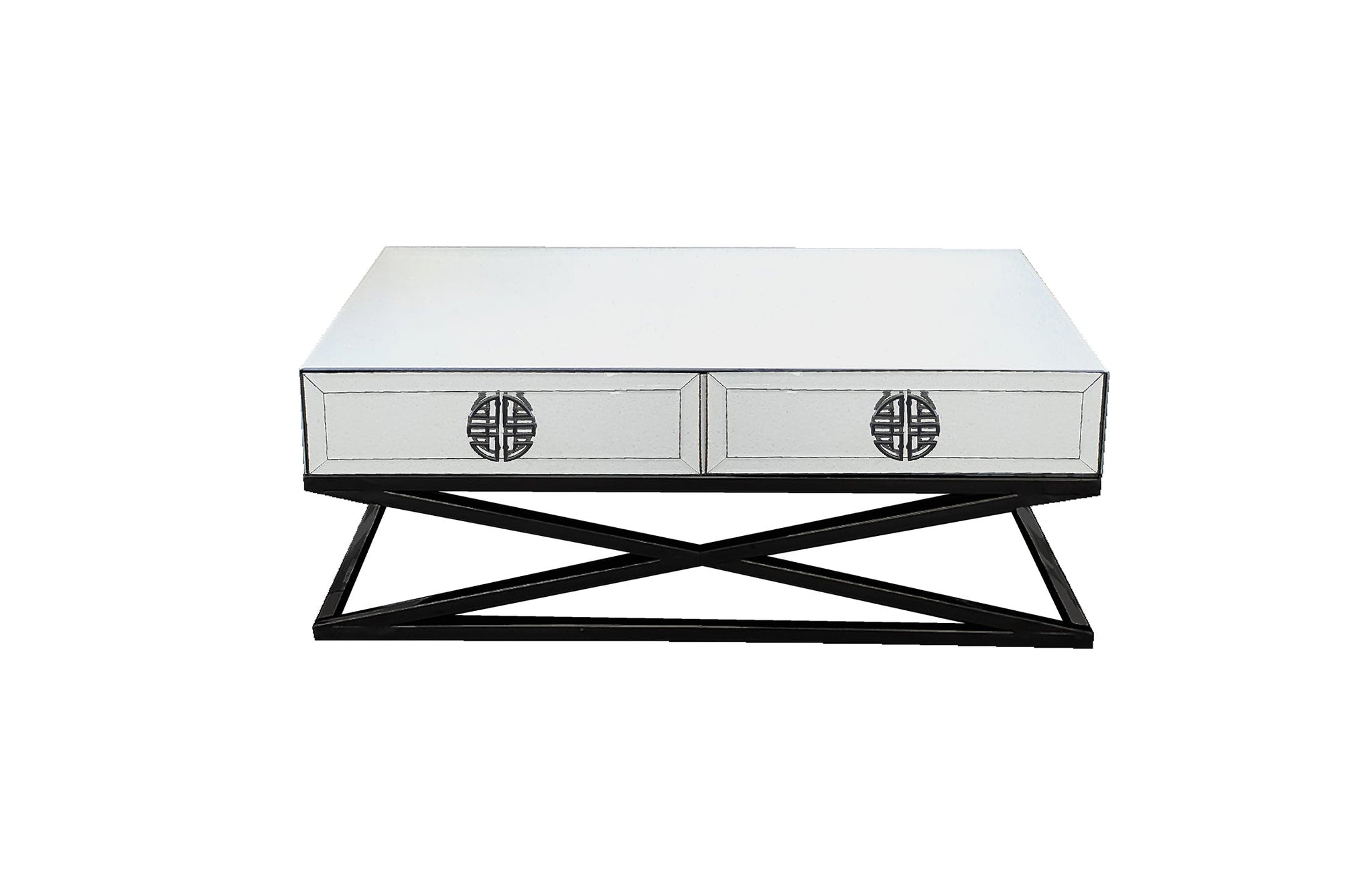 Elegant Athens mirrored coffee table with black crisscross base and dual storage drawers.