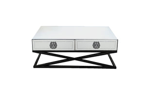 Elegant Athens mirrored coffee table with black crisscross base and dual storage drawers.