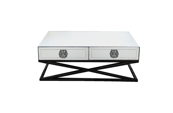Elegant Athens mirrored coffee table with black crisscross base and dual storage drawers.