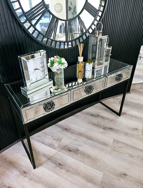 Stylish Athens mirrored console table with decorative accents, adding sophistication to entryway or living room.