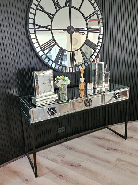 Mirrored Athens console table styled with flowers and décor, perfect for luxury modern interiors.