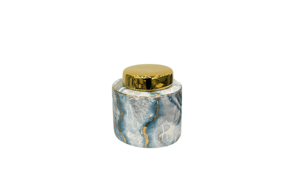 Small blue marble ceramic canister with gold veining and glossy gold lid, 20cm height.