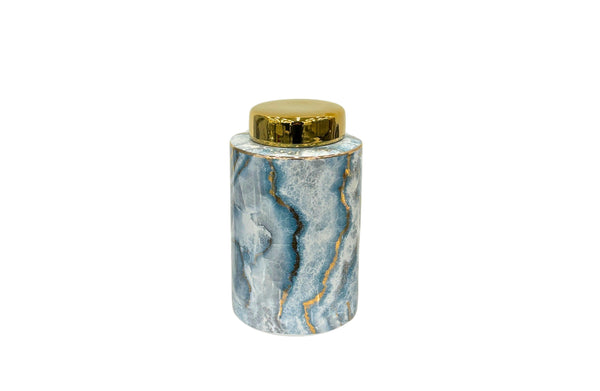 Medium blue marble ceramic canister with gold veining and glossy gold lid, 27cm height.