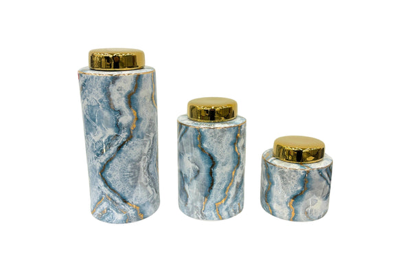 Set of three blue marble ceramic canisters with gold veining and glossy gold lids, available in small, medium, and large sizes.