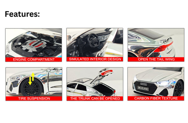 Audi RS7 diecast model showcasing suspension, interior details, opening trunk, and realistic engine compartment features.