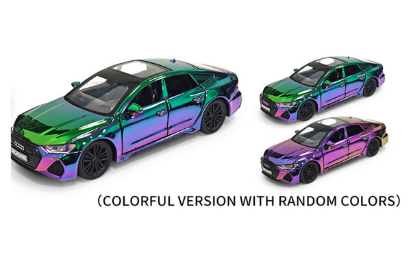 Rainbow finish Audi RS7 Sportsback diecast cars featuring sporty styling and interactive pull back functionality.