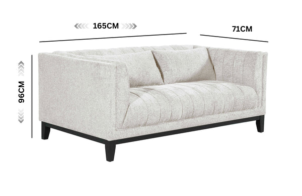 Austin Lounge Sofa in Cream – Elegant 2-seater with deep channel tufting and soft cushions, shown with full-size dimensions for a perfect fit.