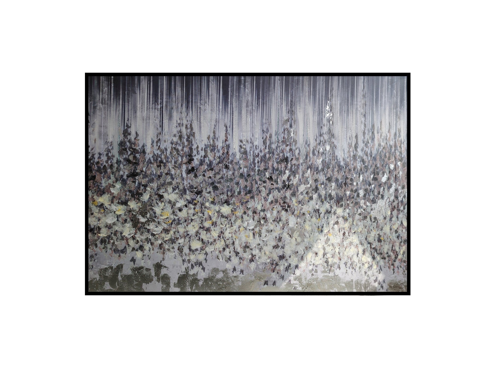 Abstract autumn forest canvas in silver and earthy tones, framed in sleek black wood.
