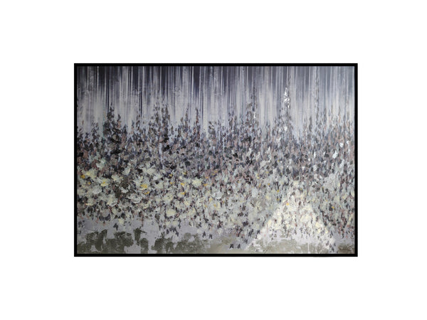Abstract autumn forest canvas in silver and earthy tones, framed in sleek black wood.