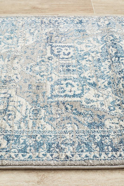 Close-up of Babylon Blue Rug edge and textured pile