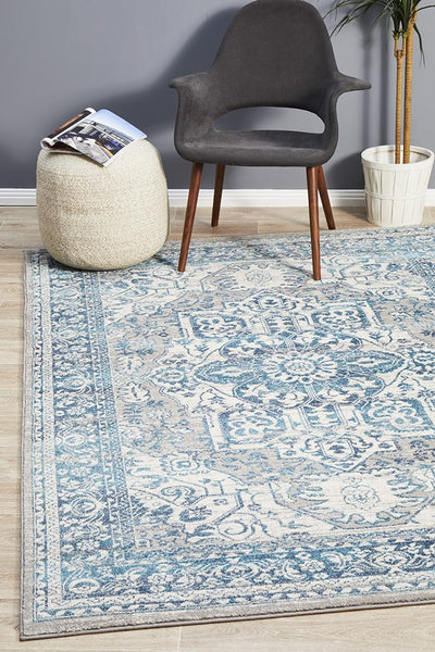 Babylon Blue Rug styled in a modern living space