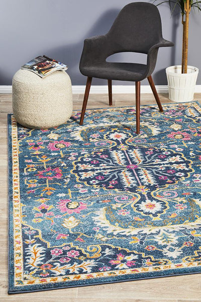 Babylon Navy Rug styled in a modern living room setting