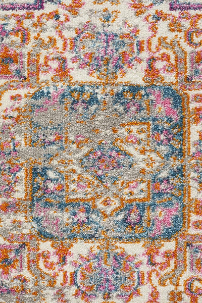 Close-up of Babylon Grey Rug’s ornate central medallion with rich colors and detailed pattern work.