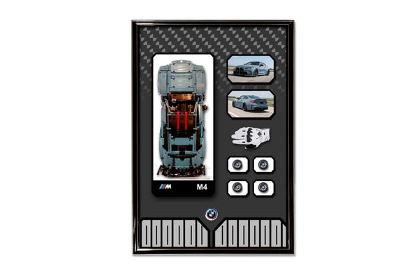 BMW inspired brick built racing car wall art in black frame with detailed M4 model display and components.