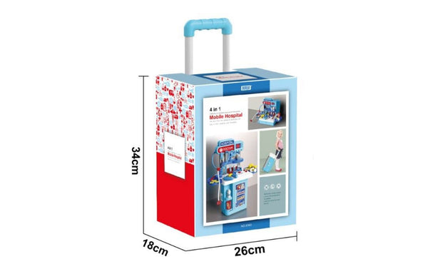Mobile hospital toy packaging showing size dimensions and portable trolley design.
