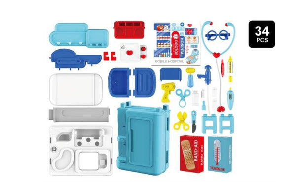 Hospital playset parts including doctor tools, accessories, and assembly components.
