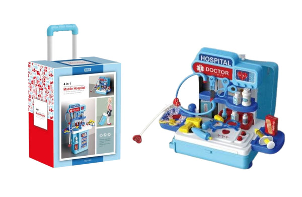 Mobile hospital playset with doctor tools and foldable clinic setup for kids.