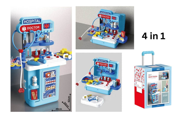 Multiple views of mobile hospital playset showing different 4 in 1 configurations.