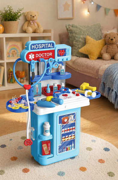 Toy hospital playset with medical accessories in a child's room