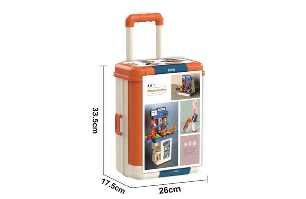 BOWA mobile kitchen closed suitcase with handle and product dimensions displayed.