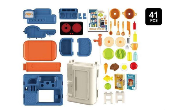 BOWA mobile kitchen 41 piece set with utensils, food items, and accessories layout.