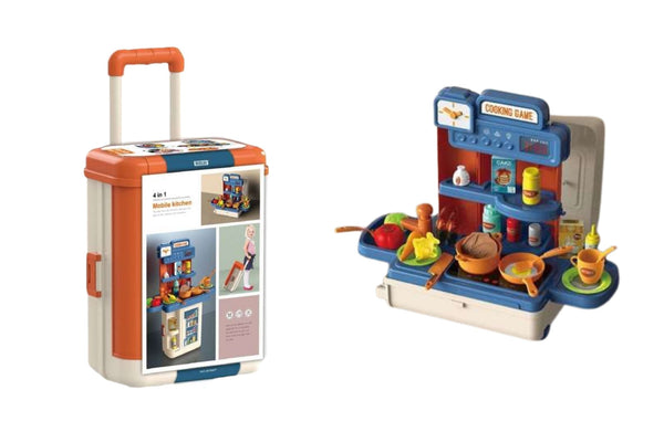 BOWA mobile kitchen playset opened with cooking accessories and portable suitcase design.