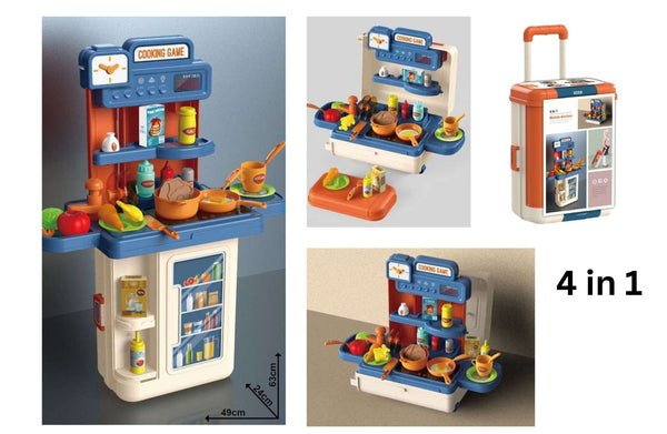 Kids pretend kitchen playset showing cooking station setup and 4 in 1 play features.