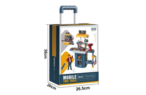 BOWA mobile tool table packaging showing product size and 3 in 1 features.