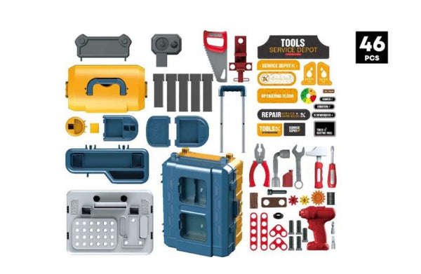 BOWA tool playset parts including tools, stickers, and assembly components.