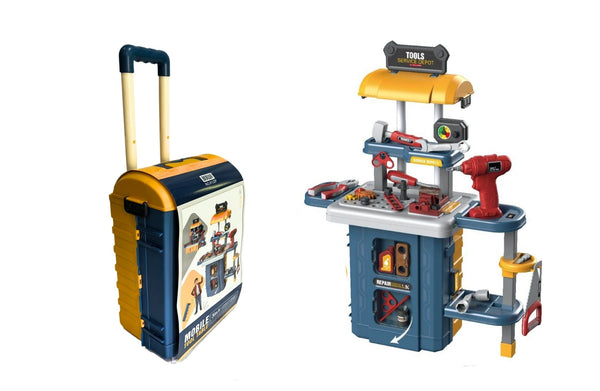 Kids mobile tool table playset with trolley case and assembled workbench setup.