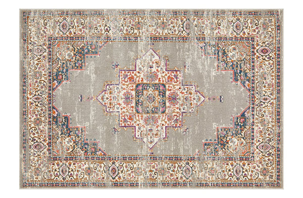 Babylon Grey Rug featuring intricate geometric and floral patterns in silver, grey, blue, pink, and rust tones.