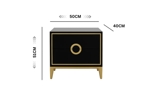 Black Balmain bedside table showing measurements 50cm width, 40cm depth, and 51cm height with gold trim.