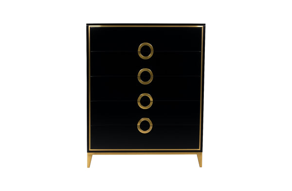 Black Balmain tallboy with gold trim featuring five drawers and circular gold handles in elegant design.