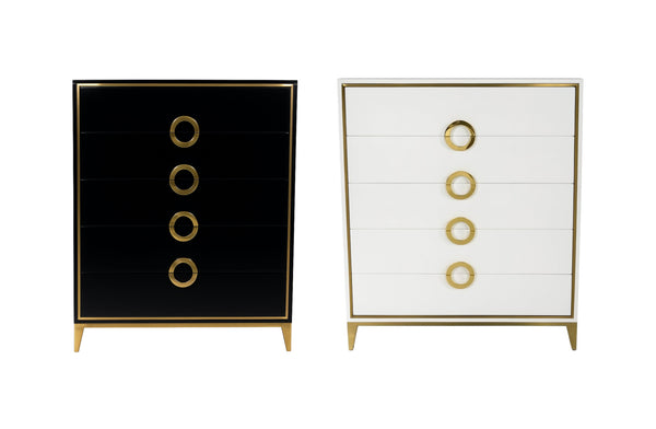 Balmain tallboy in black and white finishes featuring five drawers with gold trim and circular handles.