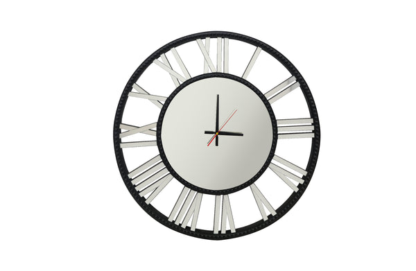 Large round black beaded mirrored wall clock with Roman numerals, modern decorative piece.
