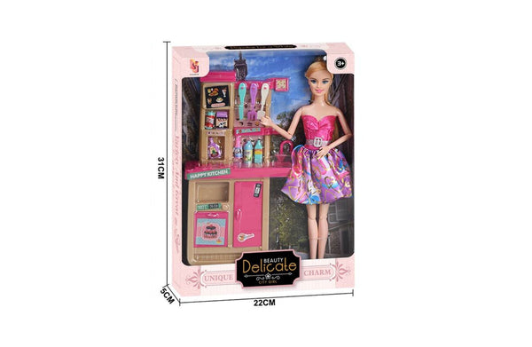 Beauty Delicate doll packaging showing kitchen accessories and product size details.