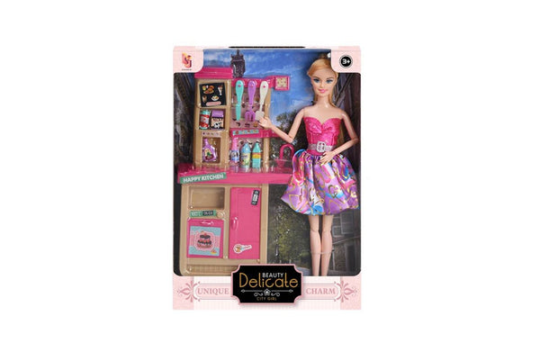 Beauty Delicate doll with kitchen accessories and cooking playset inside box.
