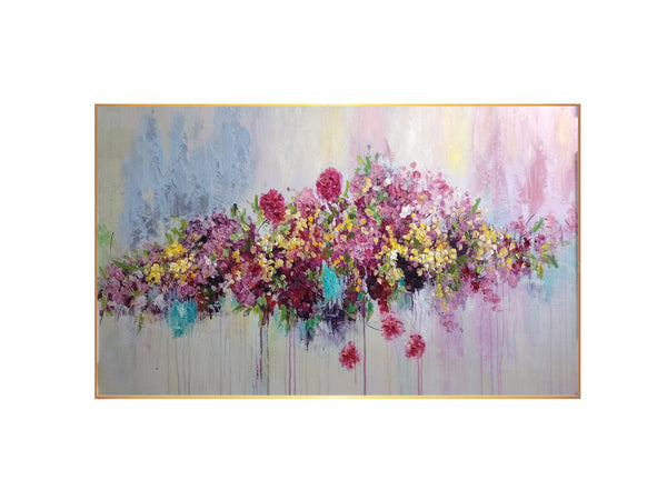 Vibrant abstract floral wall art with gold frame, showcasing pink, purple, and yellow blooms on a pastel background.