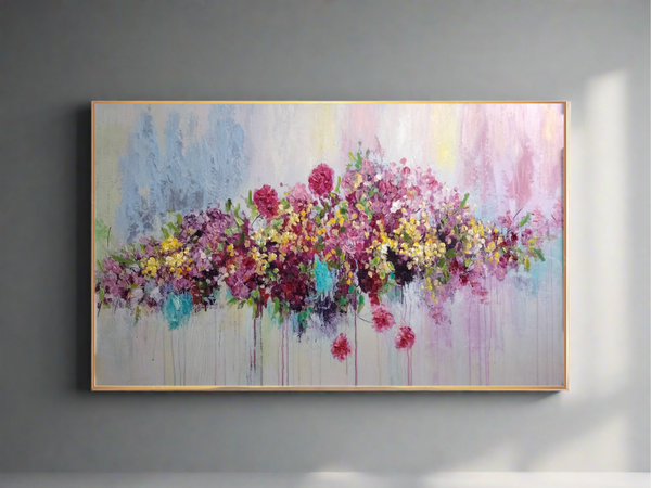 Large floral framed canvas artwork in pink and multi-colours, displayed on a grey wall with natural light.