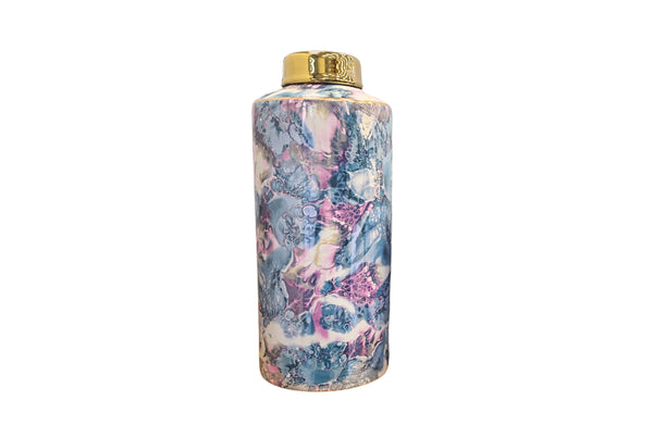 Large Blossom Marble Ceramic Canister – 13x31cm in pastel pink and blue marble pattern with gold lid, ideal for decorative storage