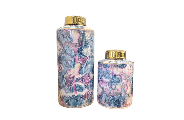Blossom Marble Ceramic Canister Set of 2 with pink and blue marble finish and gold lids – decorative and functional ceramic storage jars