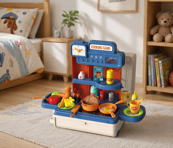 Toy kitchen set with various accessories on a rug in a room with a bed and books.