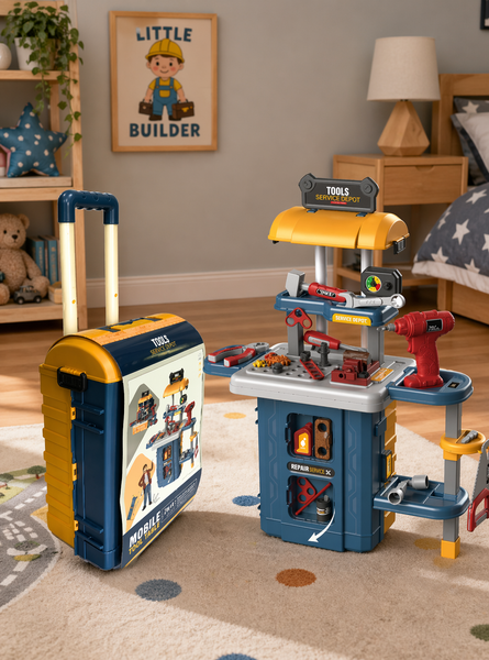 Toy workbench with tools and a tool chest in a child's bedroom